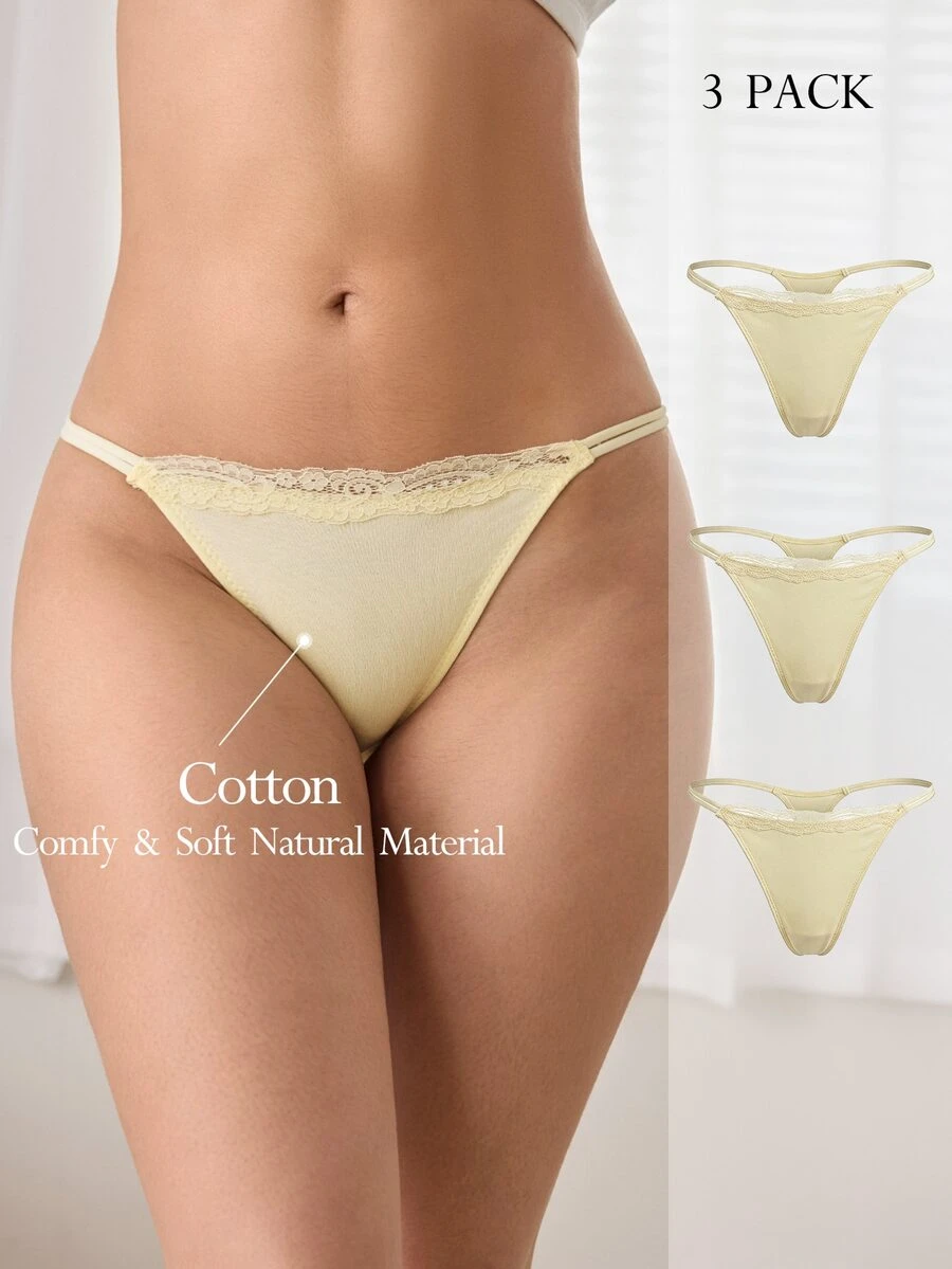 Ocili 3件組 多色 100%純棉舒適極簡雙面蕾絲細肩帶彈性女款三角內褲 時尚秋季款 - 黃色 - 查看 1