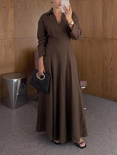 Siren Gaze Fall Women's Elegant Pleated Shirt Dress Business Casual Office Wear,Going Out Modest Old Money Y2k Social Blouse Formal Waist-Cinching Deep V-Neck