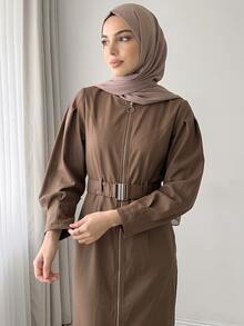 Solavon Women's Solid Color Long Sleeve Zipper Front Casual Long Dress - Coffee Brown - View 6