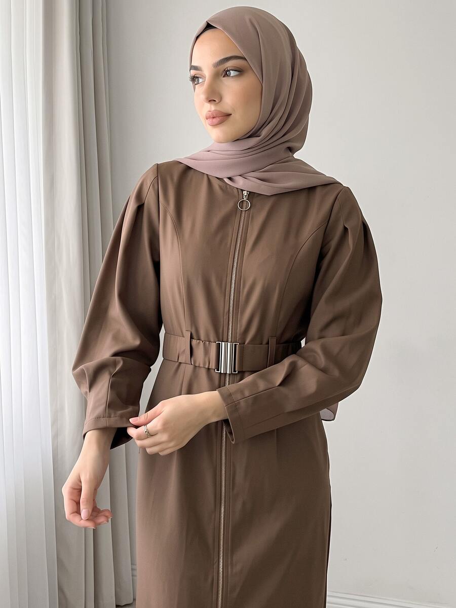 Solavon Women's Solid Color Long Sleeve Zipper Front Casual Long Dress - Coffee Brown - View 1