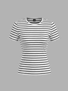 SHEIN EZwear 3件組休閒極簡風女款圓領修身長短袖T恤套裝，95%棉，94%棉條紋 - 彩色 - 查看 9