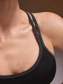 Powerista 女款黑灰色拼接中強度支撐加墊運動內衣，適合瑜伽、跑步、健身、皮拉提斯，時尚百搭，春夏穿搭 - 黑色 - 查看 3