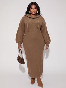 Slaydiva Plus Size Women's Knit Dress, Coffee Cowl Neck Drawstring Thick Rib Plus Size Maxi Sweater Dress - Coffee Brown - View 5