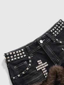 ROMWE Grunge Punk Vintage Hot Girl Rhinestone Studded Washed Color Y2K Cross Decor Women's Ultra Low Waist Mini Denim Shorts - Black - View 3