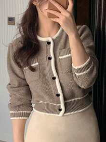Dazy Plus Colorblock Patchwork Korean Style Loose Knit Cardigan Sweater, Autumn/Winter - Brown - View 1
