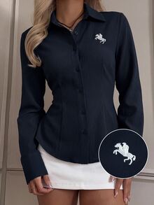SHEIN EZwear 女款新款刺繡裝飾海軍藍修身長袖襯衫 - 藏蓝色 - 查看 1