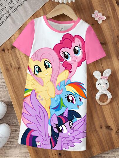 My Little Pony X SHEIN Young Girl Cute Cartoon Print Round Neck Short Sleeve Dress