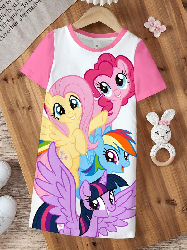 My Little Pony X SHEIN Young Girl Cute Cartoon Print Round Neck Short Sleeve Dress