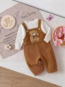 SHEIN 女嬰秋冬休閒熊刺繡連身衣 - 棕色 - 查看 3