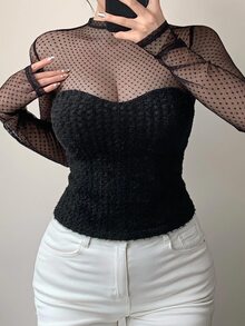DAZY 春秋夏季波點透視網紗拼接女款長袖性感上衣，適合派對與婚禮穿著 - 黑色 - 查看 4
