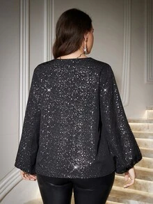 Reflora Plus Size Women's V-Neck Lace Patchwork Fashion Versatile Blouse Fall - Black - View 3