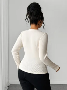 Elenzga Kaos Wanita Ukuran Besar Warna Polos dengan Desain Potongan Lengan Panjang Bergaris Slim Fit untuk Musim Gugur - Aprikot - View 2