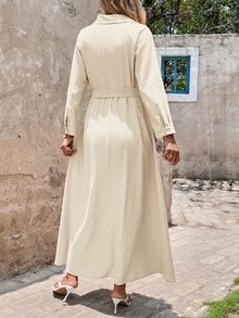 SHEIN Clasi 女款新款優雅襯衫領前綁帶長洋裝，綠色，適合通勤、日常穿著及各種場合 - 卡其色 - 查看 3