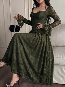 Feyla 女款蕾絲百褶優雅收腰中長洋裝派對禮服 - 軍綠色 - 查看 1