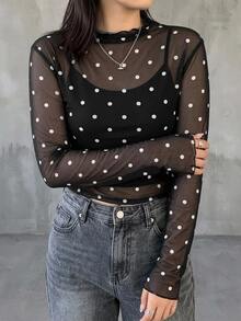 Dazy Plus Atasan Jala Pas Badan Motif Polkadot Kulit Ukuran Plus - Hitam - View 6
