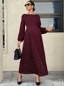 MaterniWear 孕婦秋季休閒通勤條紋洋裝 - 酒紅色 - 查看 2