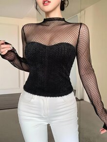 DAZY 春秋夏季波點透視網紗拼接女款長袖性感上衣，適合派對與婚禮穿著 - 黑色 - 查看 7
