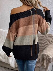 EMERY ROSE Women's Casual Colorblock Asymmetrical Shoulder Sweater, Suitable For Autumn/Winter - Multicolor - View 2