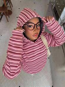 Muchica 80%棉女款休閒連帽衛衣，條紋衛衣，女款秋季服飾，冬季服飾，2026秋冬，休閒，Y2K，女款通勤穿搭，基本款，牛仔女郎，復古，返校，外出，校園服飾 - 彩色 - 查看 4