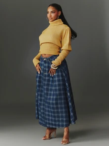 NYA SZN Denim Skirt Maxi Pleated Plaid Medium Wash Everyday Date Casual Going Out Church Modest Elegant Special Occasion Work School Festival Chic Fall Winter - Navy Blue - View 4
