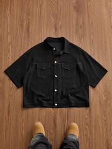 SWAVVY Men's Denim Effect Contrast Stitching Short Sleeve Collared Shirt - Black - View 1