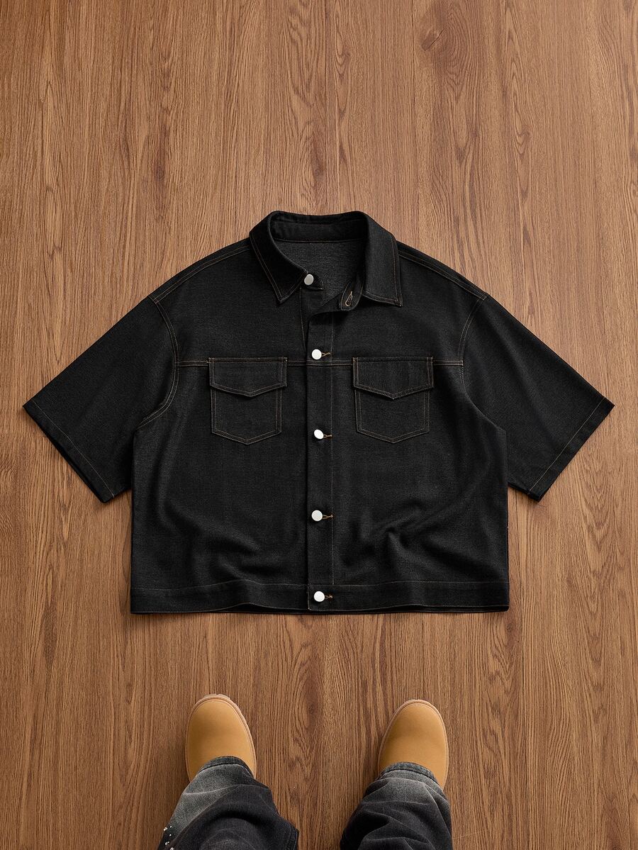 SWAVVY Men's Denim Effect Contrast Stitching Short Sleeve Collared Shirt - Black - View 1