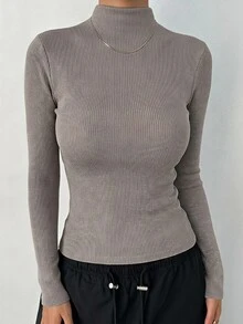 DAZY 女款修身小立領長袖基礎層T恤 秋季 - 卡其色 - 查看 4