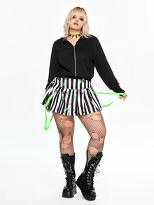 Beetlejuice X ROMWE تنورة ميني كاجوال متعددة الاستخدامات للنساء بمقاسات كبيرة بتصميم مخطط وألوان متباينة - الأسود - مشاهدة 10
