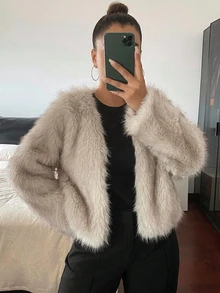 Dazy Plus Solid Color V-Neck Thick Elegant Autumn/Winter New Faux Fur Coat - Apricot - View 8