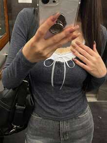 DAZY 拼接撞色修身長袖方領優雅可愛女孩秋季上衣女款T恤日常約會深灰色 - 灰色 - 查看 5