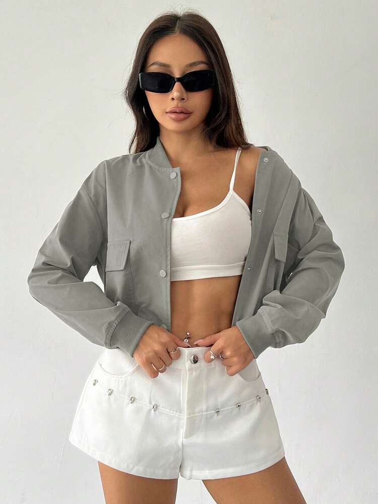 SHEIN Unity Women's Solid Color Dropped Shoulder Long Sleeve Single-Breasted Casual Utility Pocket Lightweight Baseball Jacket - Grey - View 6