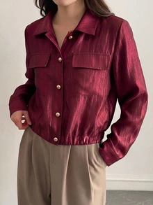 DAZY 春季休閒女款白色襯衫，翻領大口袋設計，適合秋季穿著 - 酒紅色 - 查看 3