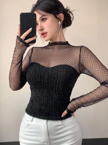 DAZY 春秋夏季波點透視網紗拼接女款長袖性感上衣，適合派對與婚禮穿著 - 黑色 - 查看 3