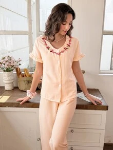 Snug Reverie Floral Embroidered Lotus Sleeve Top And Striped Long Pants Pajama Set - Orange - View 3