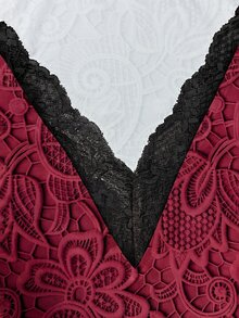 SHEIN LUNE CURVE 大尺碼蕾絲飾邊拼接印花修身無袖背心，簡約風格，適合四季穿著，適用海灘、約會、居家、辦公室、職場 - 酒紅色 - 查看 5