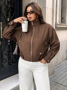 Vionelle Plus Size Women's French Casual Elegant Long Sleeve Jacket - Mocha Brown - View 4
