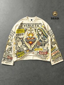ROMWE MEN 2026 New Digital Print Beaded Oversized Vintage College Style Men's T-Shirt - Apricot - View 1