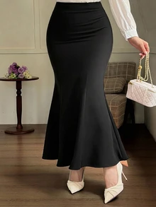 Dazy Plus Solid Color Wrap Fishtail Skirt Elegant Versatile Commute Black Long Skirt Fall Dinner Formal - Black - View 4