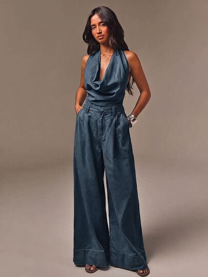 Athîral Denim Damen Lässig Denim Neckholder Hellblau Gewaschener Jumpsuit, Rückenfreier Jumpsuit, Denim Jumpsuit, Lockerer Weites Bein Jumpsuit, Streetwear