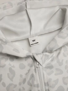 SHEIN 青少年女孩復古白色淺豹紋針織拉鍊運動衫，適合日常穿著 - 淺灰色 - 查看 4