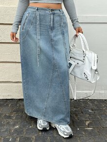 Dazy Plus Autumn High Waist Drawstring Light Blue Washed Slim Straight Long Denim Skirt - Medium Wash - View 7