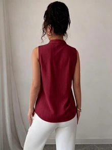 SHEIN 女款無袖優雅休閒刺繡純色襯衫，適合工作與休閒，春/夏 - 酒紅色 - 查看 2