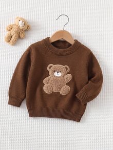 男嬰毛巾刺繡 3D 熊圖案圓領套頭長袖針織衫 - 棕色 - 查看 1