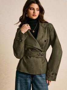 Poéselle 女款純色長袖單排扣休閒風衣 - 軍綠色 - 查看 4