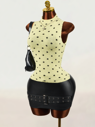 Mistrie French Gentle Style Black Polka Dot Stand Collar Sleeveless Knit Top, Soft Slimming Versatile Outerwear Base Layer Tank Top