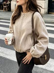 Pariaura Women's Khaki Fall/Winter Crew Neck Zip Drop-Shoulder Crop Jacket,Long-Sleeve Pocket Hem Cinched Short Top,Chic Occasion Wear For Daily Outing Commute - Brown - View 5