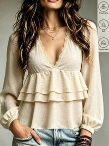 SHEIN Blus Wanita Gaya Minimalis Seksi dengan Hiasan Renda, Leher V Dalam, dan Hem Bergelombang / Blus Longgar Bertekstur dengan Hem Berlapis yang Menonjol / Cocok untuk Perjalanan / Blus Sehari-hari yang Membuat Tubuh Terlihat Langsing - Aprikot - View 4