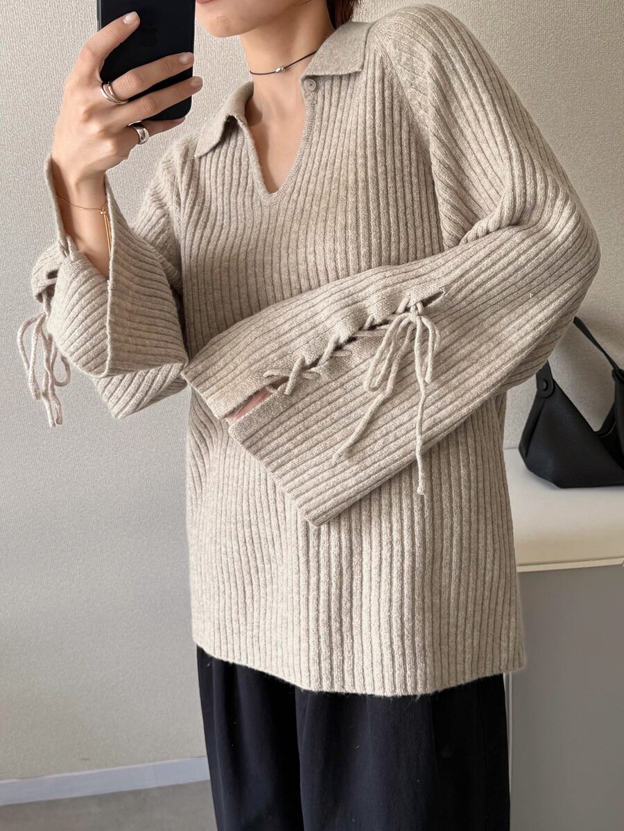 FRIFUL Women's Autumn Solid Color Turn Collar Tie Cuff Sweater - Apricot - View 1