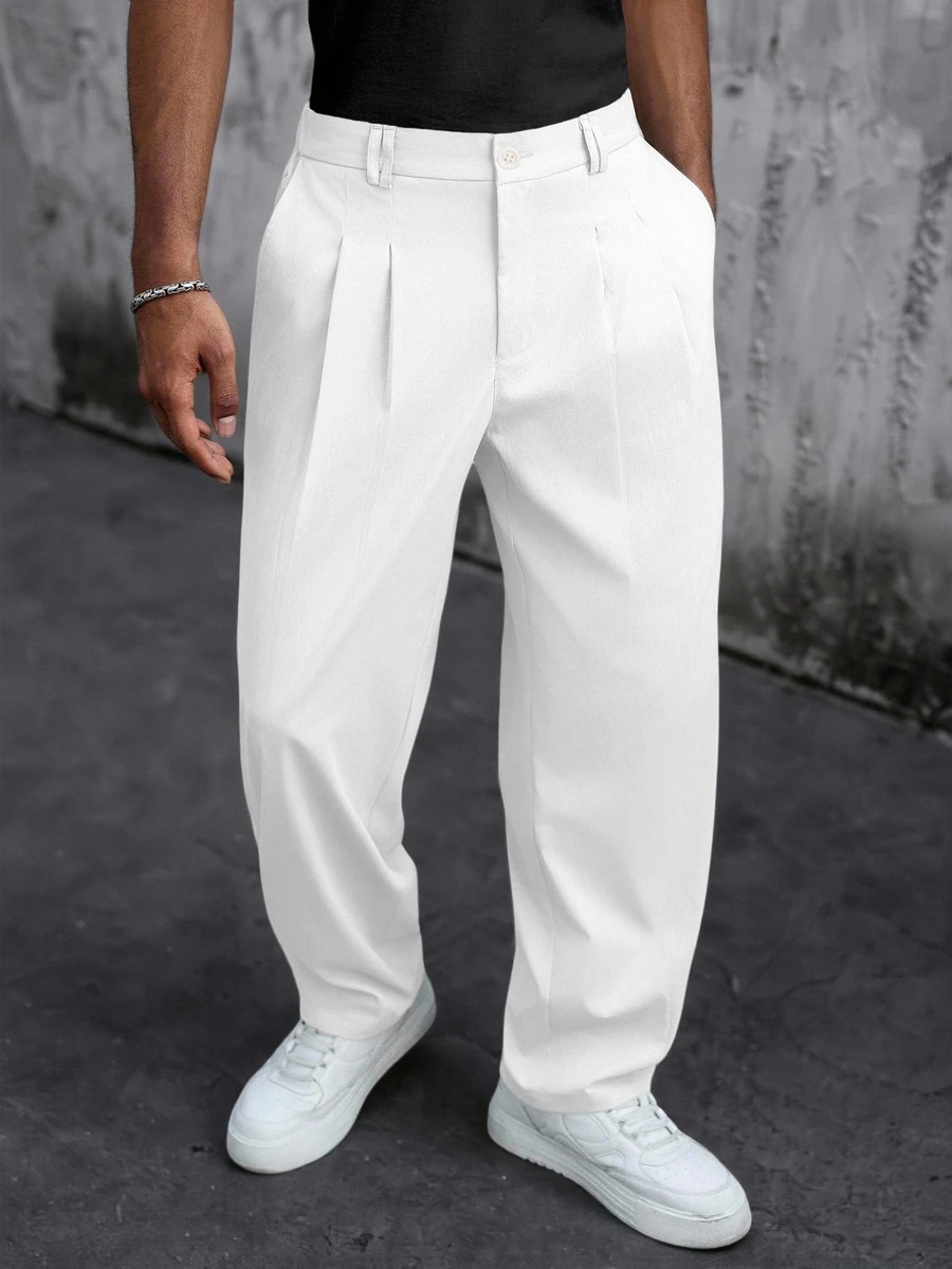 SLATEMANN Men's Solid Color Pleated Casual Versatile Daily Travel Long Pants - White - View 1