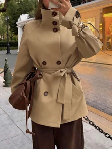 SHEIN x Luisa Sonza Elyressa 女款素色落肩長袖單排扣腰部綁帶風衣外套 - 卡其色 - 查看 5